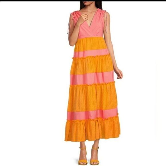 LDT Daphne pink/ yellow color block V-neck and back tiered skirt maxi dress - Picture 1 of 15